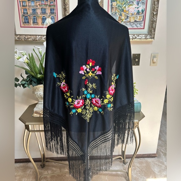 Floral Sarong Embroidered Black Triangle Maxi Shawl Coverup with Fringe Hem - Picture 7 of 12